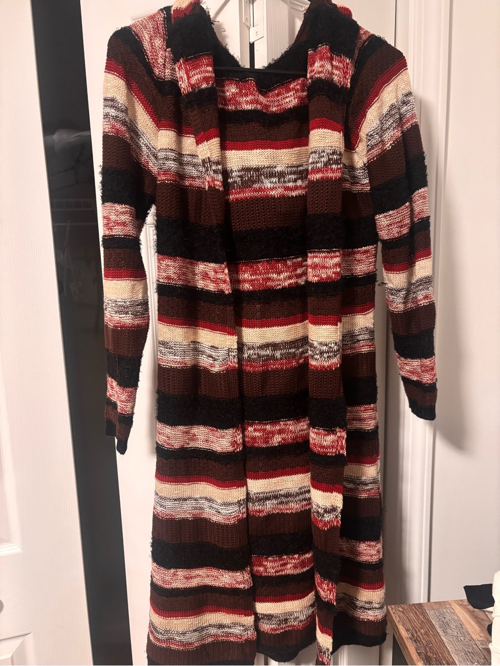 Derek Heart Striped Hooded Long Cardigan in Black, Brown, Cream, Red